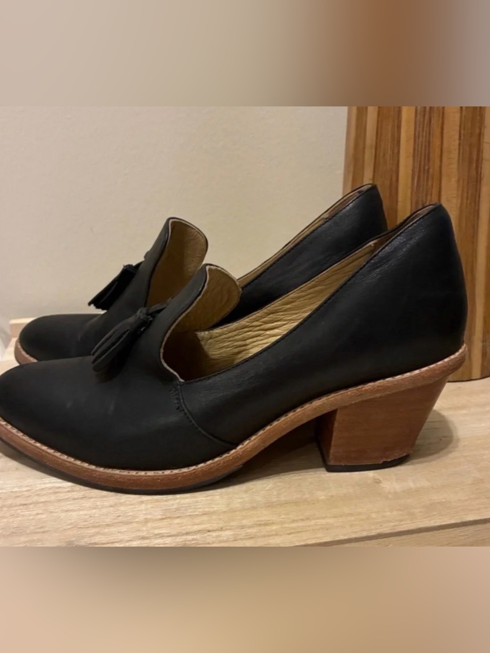 Poppy Barley Black Leather Tassel Block Heel Loafers
